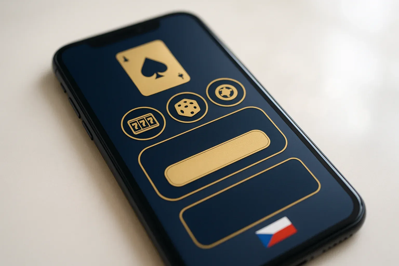 Detail smartphonu s mobilní kasino lobby ve zlaté a námořnické barvě